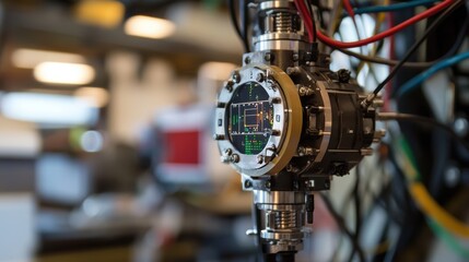 Sophisticated machinery with a digital display showing real time data and information, highlighting advanced technology in a manufacturing or industrial environment