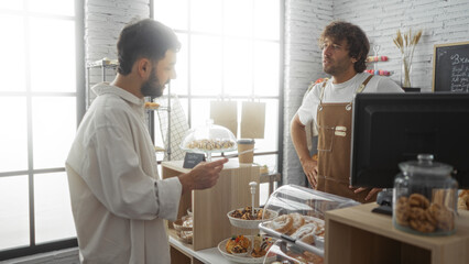 Men discussing at a bakery counter with pastries and coffee in an indoor shop setting