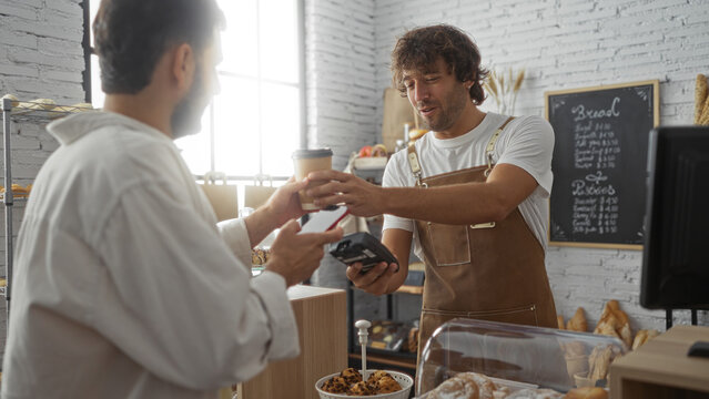 Man paying barista with mobile phone in bakery while holding coffee indoors