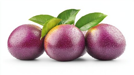 Fototapeta premium Fresh Purple Passion Fruits with Leaves on Light Background