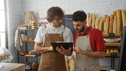Men working together in a bakery shop discussing orders with one holding a clipboard and the other...
