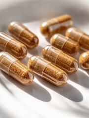 Several golden herbal capsules are neatly arranged on a light surface. Gentle afternoon light creates a warm ambiance, highlighting their transparent design and earthy texture