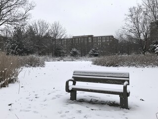 Snow Covered Bench In Winter Park Near Building
