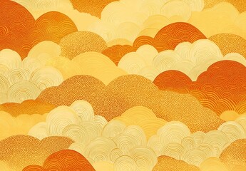 
A pattern of Japanese cloud and sun motifs with an orange gradient background, featuring golden yellow and white waves, traditional decorative elements, traditional colors.