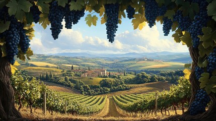 Naklejka premium Golden grapes hanging from vines glowing in the warm sunlight over a tranquil vineyard landscape