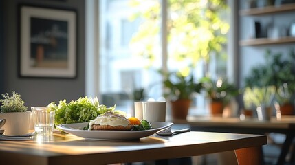 Fresh Breakfast Spread on Table with Greenery and Bright Light