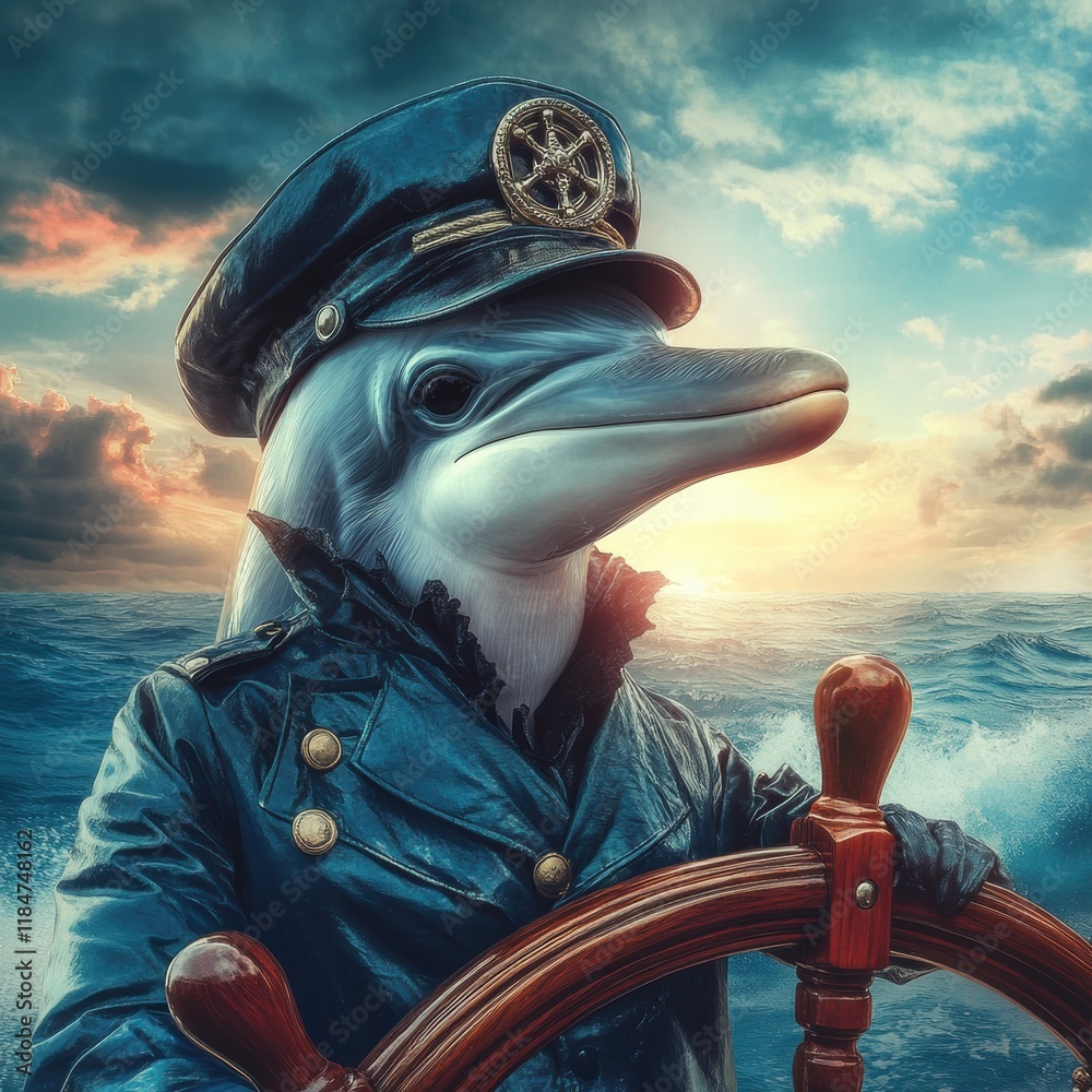 Poster dolphin dressed as captain steering a ship in the ocean during sunset. generative ai