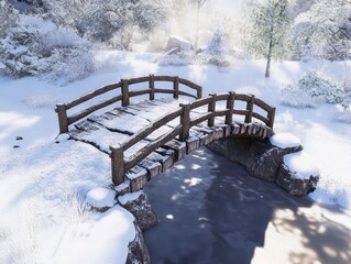 Wooden Bridge Snow Covered Winter Landscape Scene