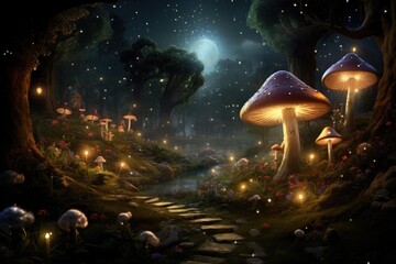 A magical forest filled with enchanting creatures and glowing mushrooms under a starlit sky invites exploration and wonder in a serene night environment