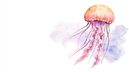 Watercolor illustration of a jellyfish with soft colors and flowing tentacles.