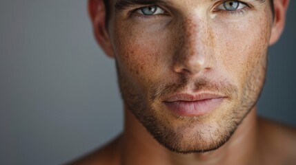 Fototapeta premium Portrait of a man showcasing skincare, beauty, and grooming routines set against a neutral backdrop, highlighting his facial features and overall wellness