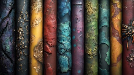 Colorful textured surfaces with metallic and organic patterns in a vibrant arrangement