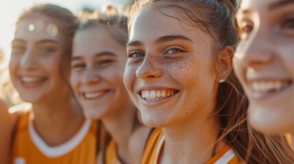 Fototapeta premium Team portrait of smiling girls during a training session, showcasing happiness, diversity, and empowerment in sports through teamwork and solidarity