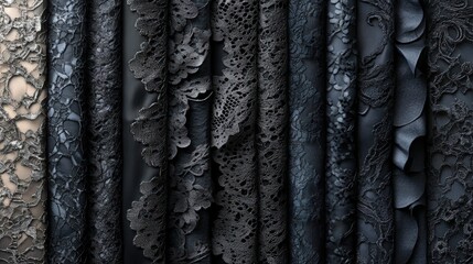 Fototapeta premium Vertical arrangement of black lace fabrics with detailed floral patterns and various textures