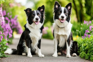 Fototapeta premium Two happy border collie dogs sitting on the path in a green field with purple flowers, enjoying time together outdoors The concept of love and friendship between animals Generative AI