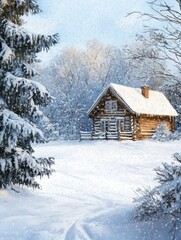 Snowy Winter Log Cabin in a Frosty Forest