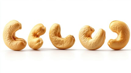 Fototapeta premium Cashew Nuts on White Surface with Varied Shapes and Textures