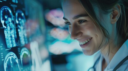 Medical professional and woman smiling with holographic health overlay and stethoscope, focused on data analysis and support in a clinic setting