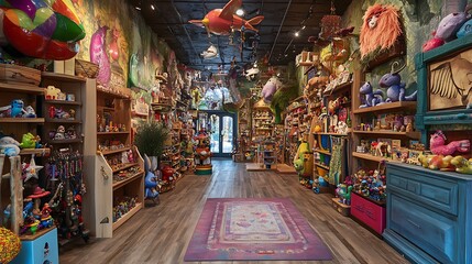 Fototapeta premium Whimsical toy store with magical creatures and colorful decor
