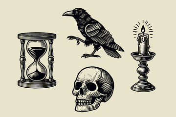 Vintage black-and-white engraving icon set of skull, crow, hourglass, and candle