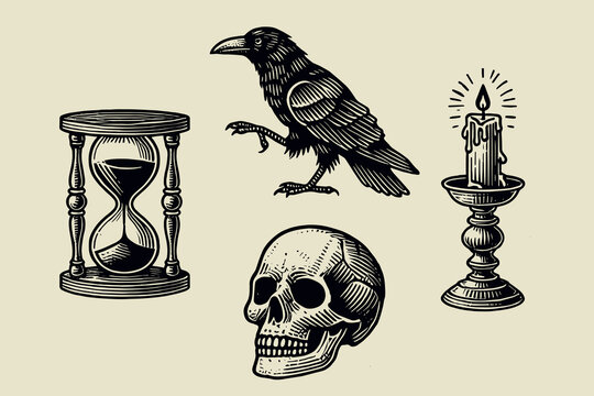 Vintage black-and-white engraving icon set of skull, crow, hourglass, and candle