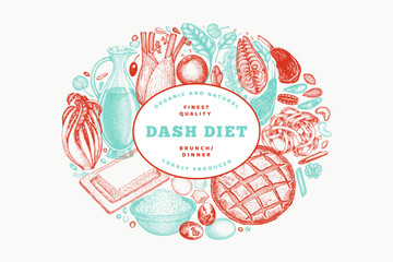 Dash Diet Design Template. Vector Hand Drawn Healthy Food Banner. Vintage Style Menu Illustration.