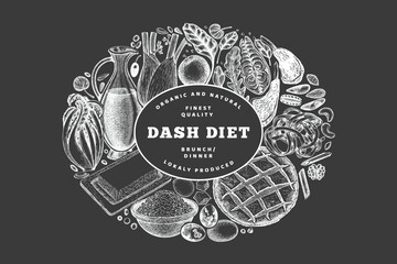Dash Diet Design Template. Vector Hand Drawn Chalk Board Healthy Food Banner. Vintage Style Menu Chalkboard Illustration.
