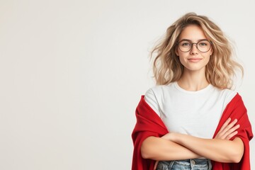 Obraz premium A front-view waist portrait of a young Caucasian woman with blonde hair and glasses, dressed as a superhero in a red cape, confidently crossing her arms against a light background.