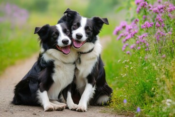 Fototapeta premium Two happy border collie dogs sitting on the path in a green field with purple flowers One dog is hugging the other's neck Generative AI