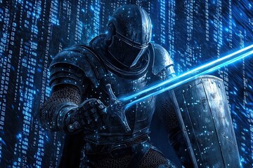 In a creative cybersecurity concept, a medieval knight in armor, holding a sword and shield, steps out of a virtual screen