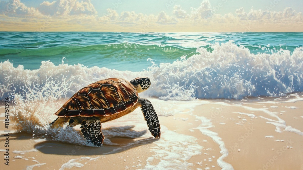 Poster a sea turtle emerging from the ocean and making its way onto a sandy beach, with a backdrop of gentl