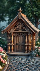 An adorable intricately crafted vintage wooden dog house.