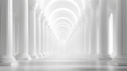 Ethereal White Marble Hallway with Iconic Columns and Bright Light