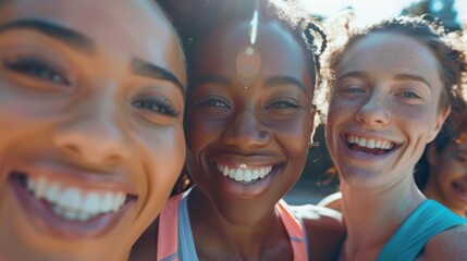 Fototapeta premium Cheerleaders capture a joyful group selfie at a sports event, showcasing teamwork and celebration during practice and social media sharing