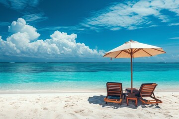 Fototapeta premium Relaxing chairs under a large umbrella on a tropical beach in Seasca with clear blue waters and fluffy clouds in the background during a sunny day