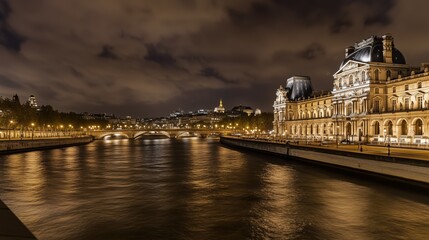 Fototapeta premium A View of a River That Runs Through a City at Night - Generative AI