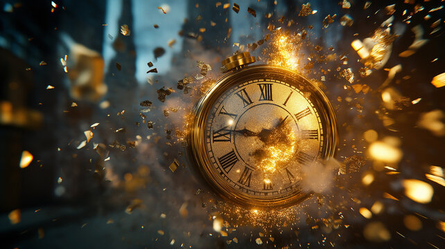 Illustration of a clock exploding into shimmering golden fragments, surrounded by fireworks and confetti frozen mid-air, with a blurred city skyline in the background