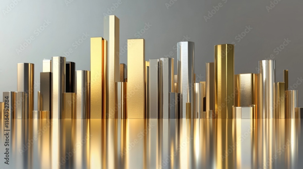 Poster a set of metallic d bar graphs in gold and silver colors, standing tall on a reflective surface, rep