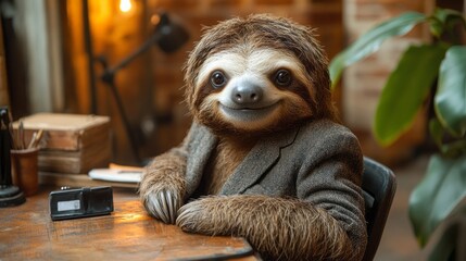 Fototapeta premium A charming sloth is dressed in a tailored suit jacket, leaning comfortably on a rustic desk surrounded by warm ambient lighting and greenery, embodying a laid-back yet sophisticated vibe