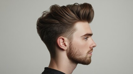 Fototapeta premium A side view of a man with a textured quiff hairstyle, showing off the volume and natural flow of the hair, styled to perfection.