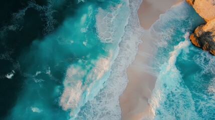 Ocean's Embrace: Aerial View of Turquoise Waves Crashing on a Sandy Shore 