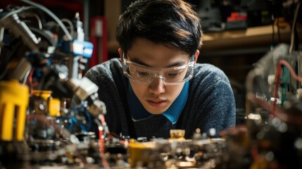 Young engineer wearing safety glasses carefully examines components of robotic arm project, demonstrating focus and precision in a high tech manufacturing workshop environment