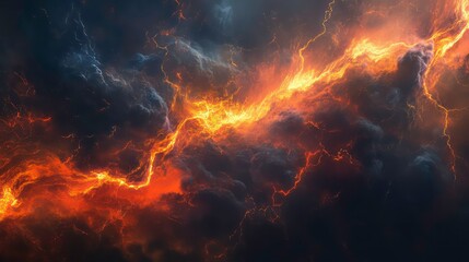 Fototapeta premium Fiery orange and yellow lightning streaks across a dark, stormy sky.