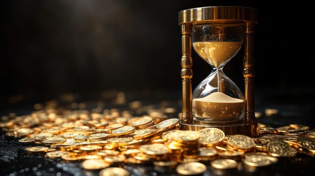 Gold coins and hourglass; time is money concept.