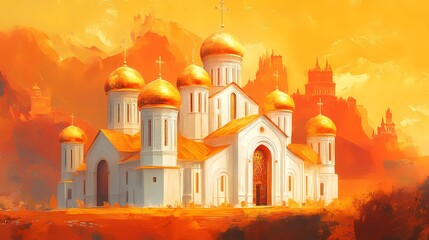 Orthodox church surrounded by tranquil elements, showcasing classic architecture and creating a peaceful visual, book illustration aesthetic