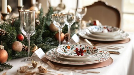 Fototapeta premium Elegant Christmas table setting with festive plates, glasses, and a lush garland. The warm lighting creates a cozy and inviting atmosphere.