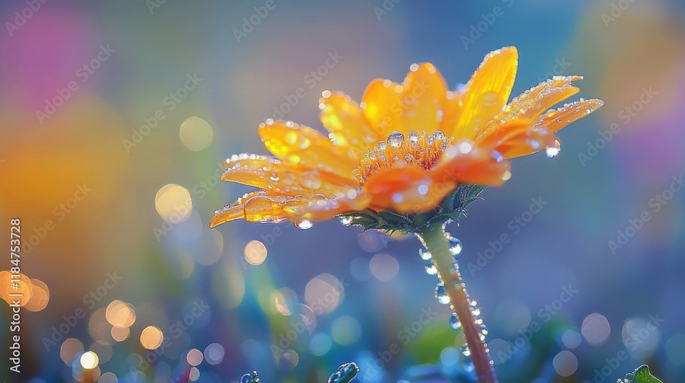 Poster a single sunflower with dew drops on its bright yellow petals, captured in the morning light, with t