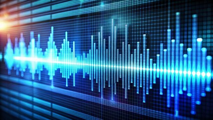 A glowing audio waveform displayed on a digital screen in a recording studio