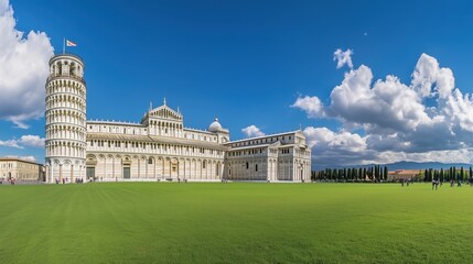 A Large White Building Sitting on Top of a Lush Green Field - Generative AI