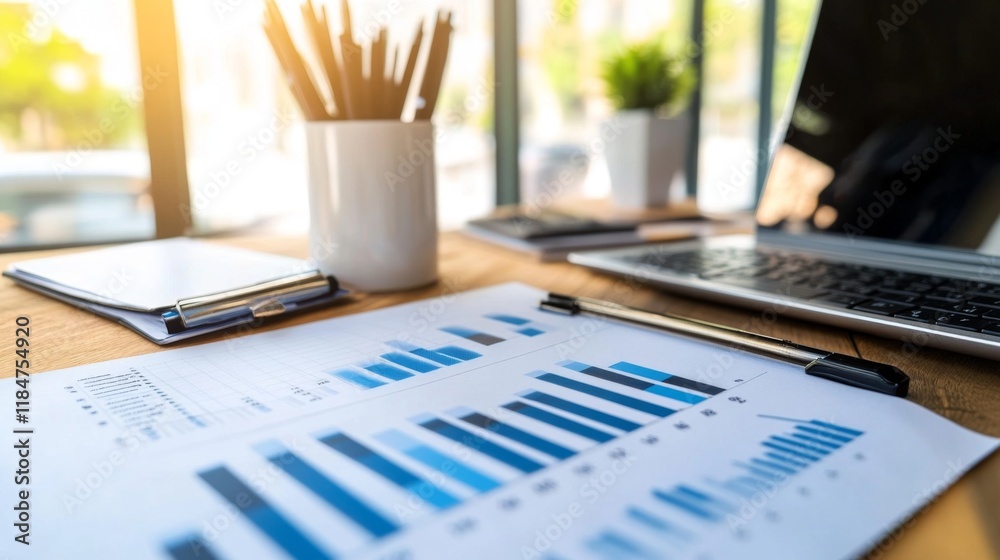 Fototapete A sophisticated multi-layered financial graph illustrating complex data relationships, with smooth curves and a polished finish, conveying depth in business analysis.